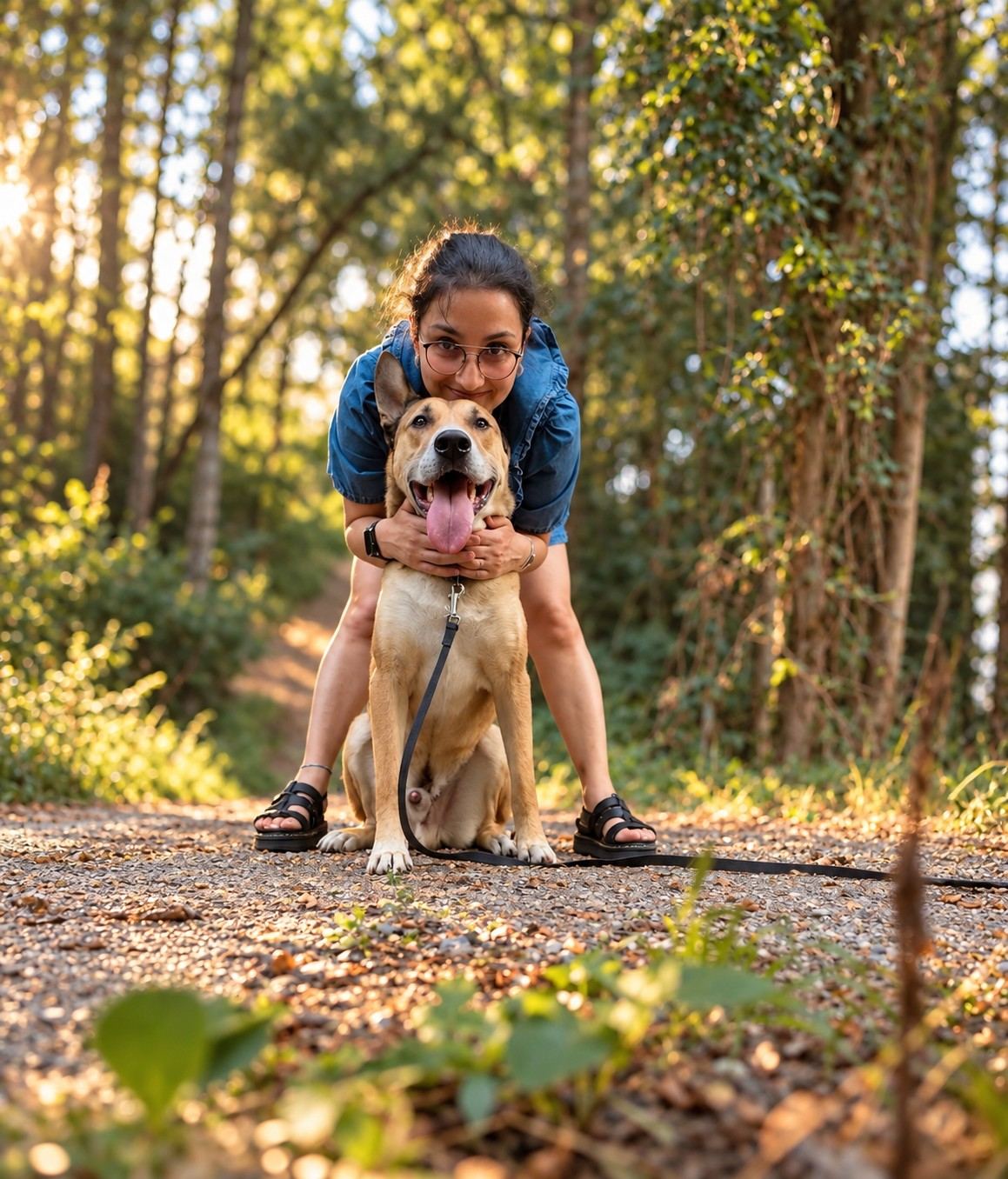 Une femme accroupie avec un chien sur un chemin en forêt