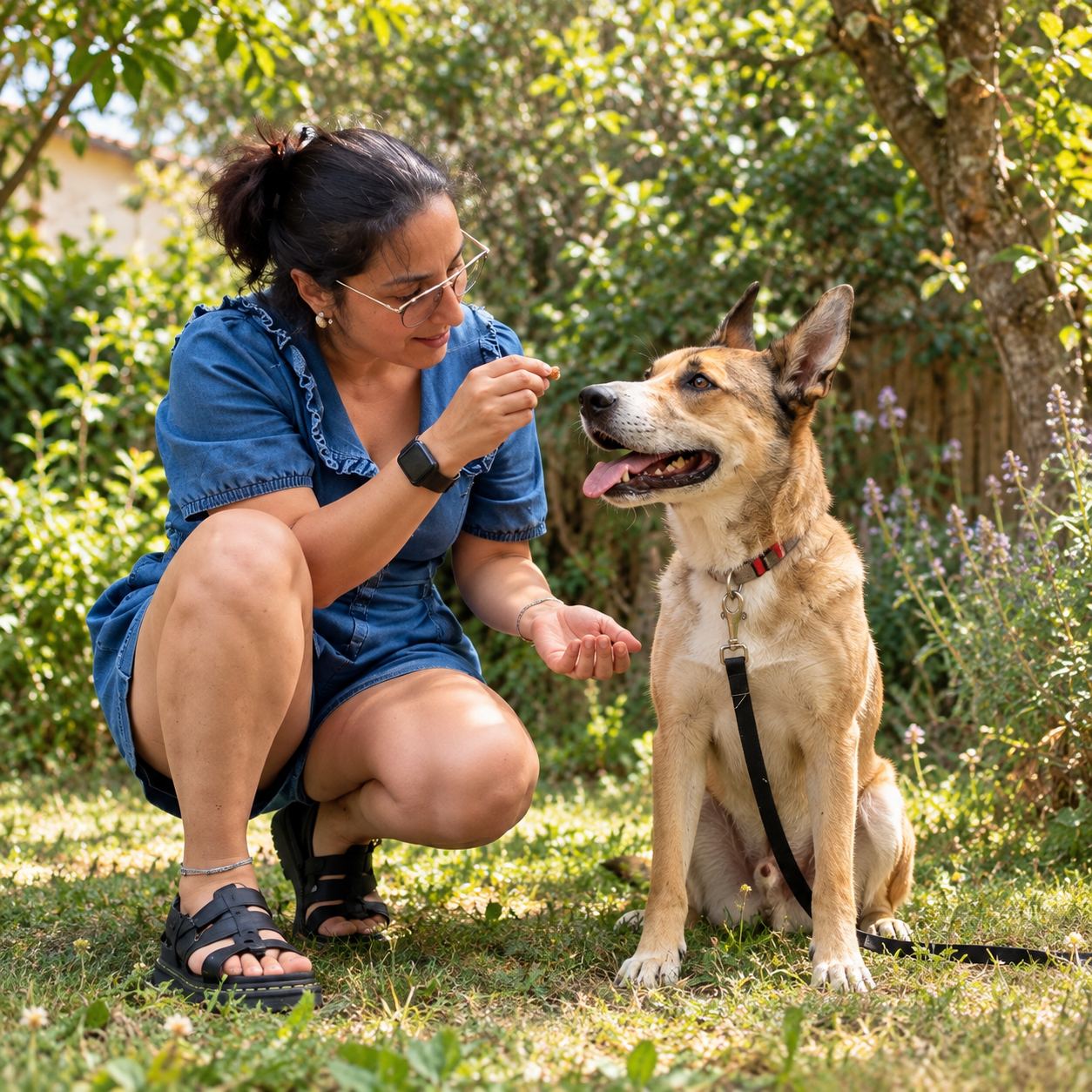 Séance d’éducation canine dans un jardin