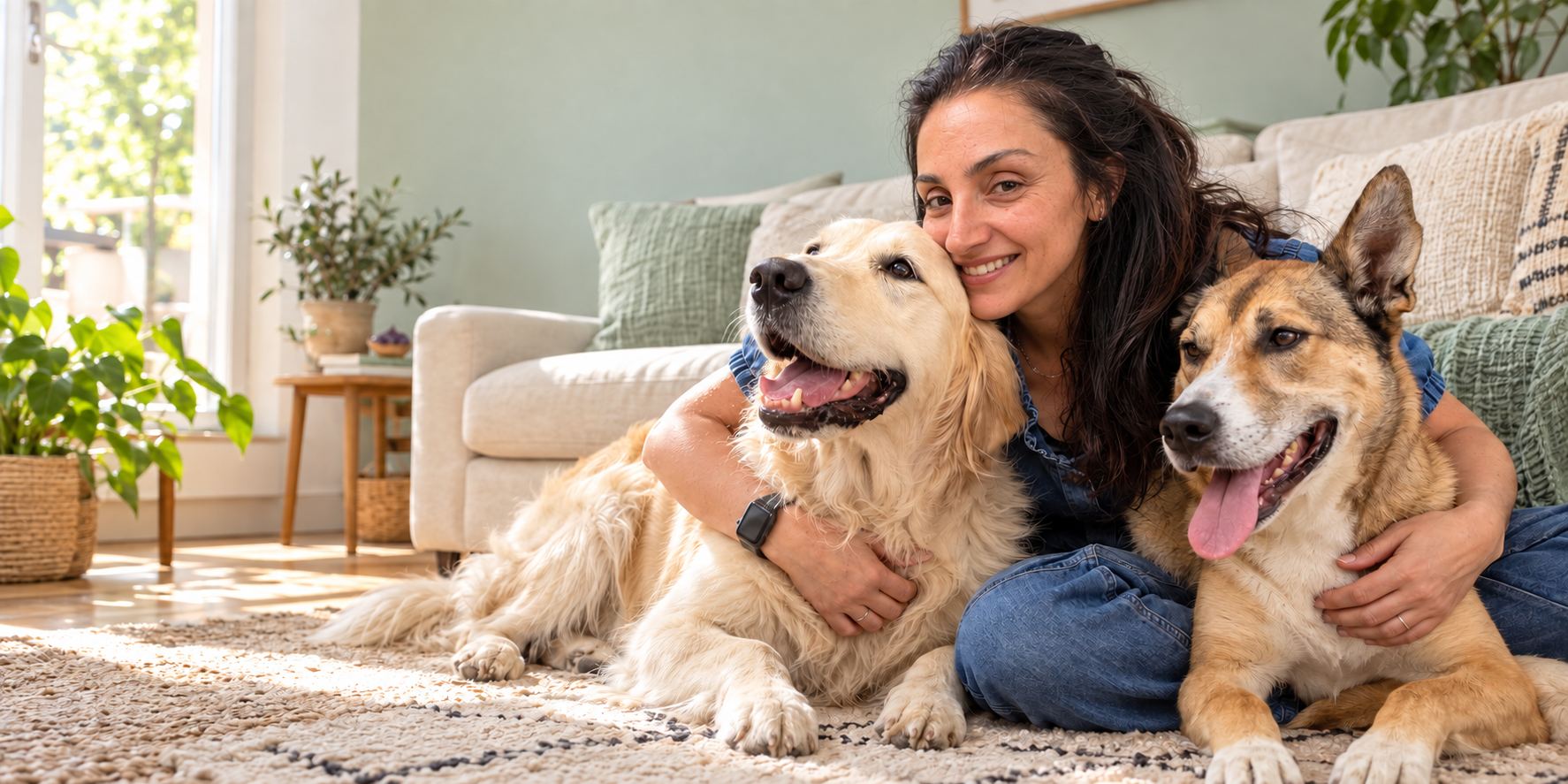 Une gardienne souriante avec deux chiens dans un salon accueillant