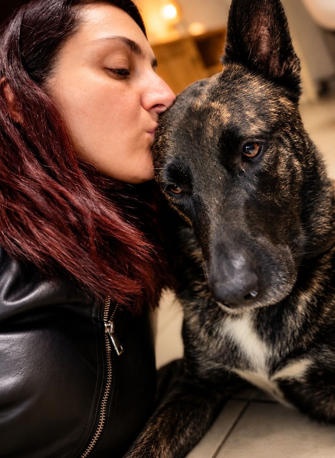 Une femme embrasse un chien sur la tête