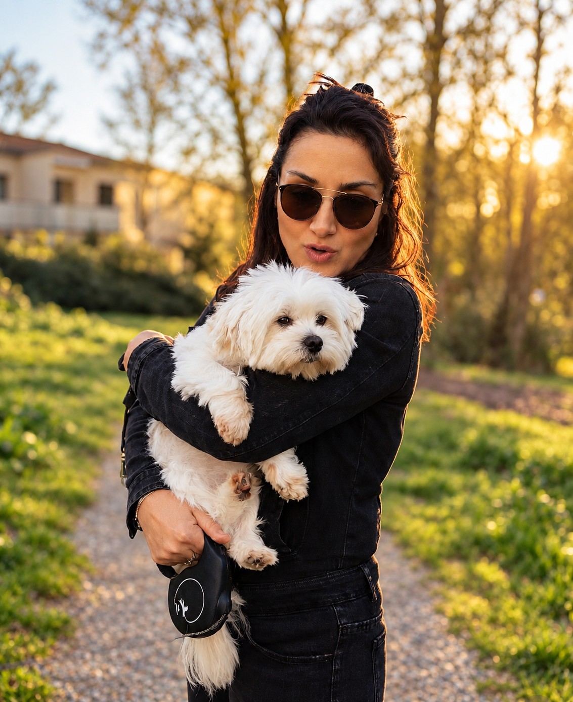 Une femme porte un petit chien blanc sur un chemin ensoleillé